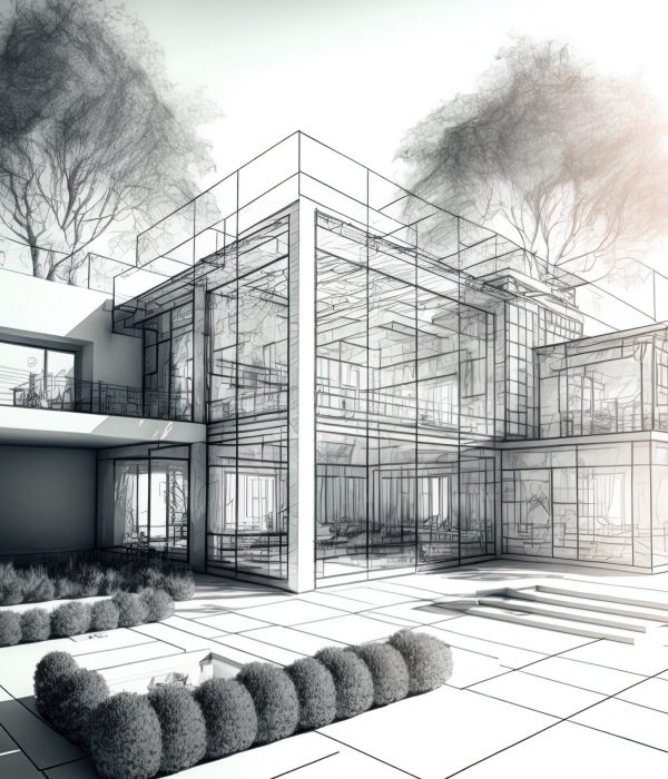 combining contrasting realistic and wireframe images of a lavish mansion